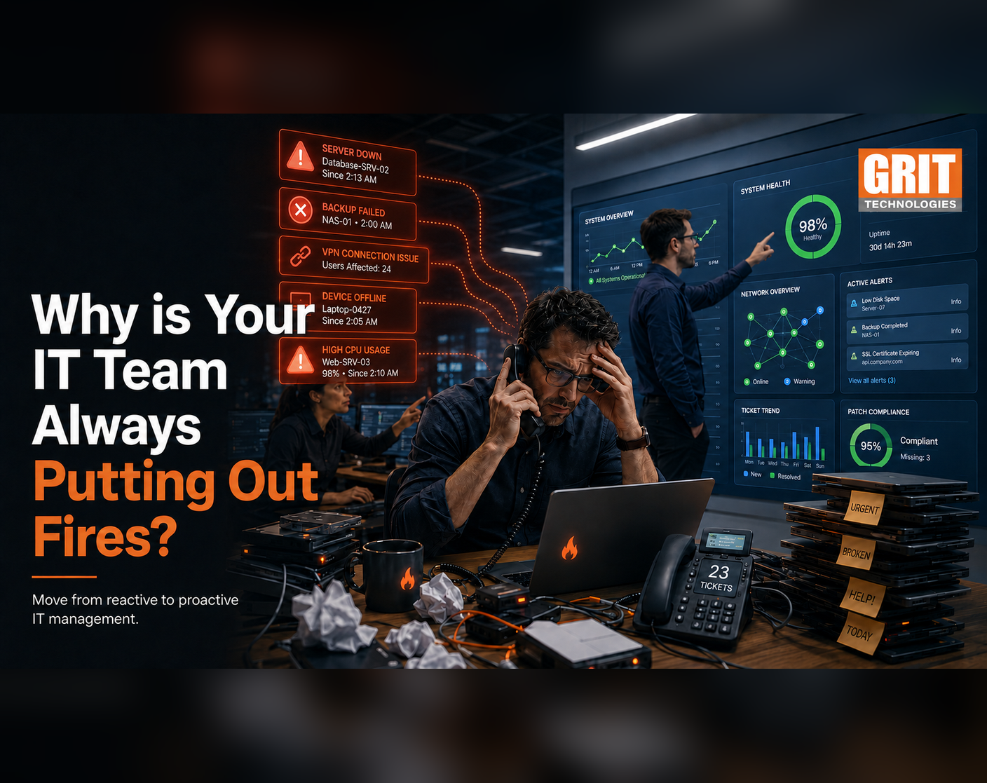 Stressed IT operations team managing multiple system failures and urgent tickets in a crisis control room, representing reactive IT challenges