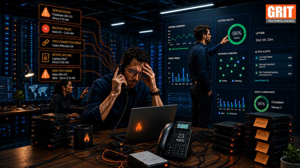 Stressed IT operations team managing multiple system failures and urgent tickets in a crisis control room, representing reactive IT challenges
