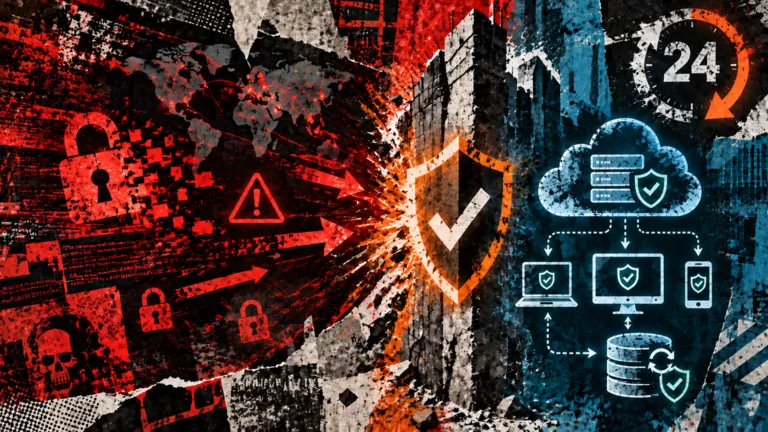 Split graphic of a ransomware attack on the left and a protected network with backups and 24-hour response on the right, divided by a shield