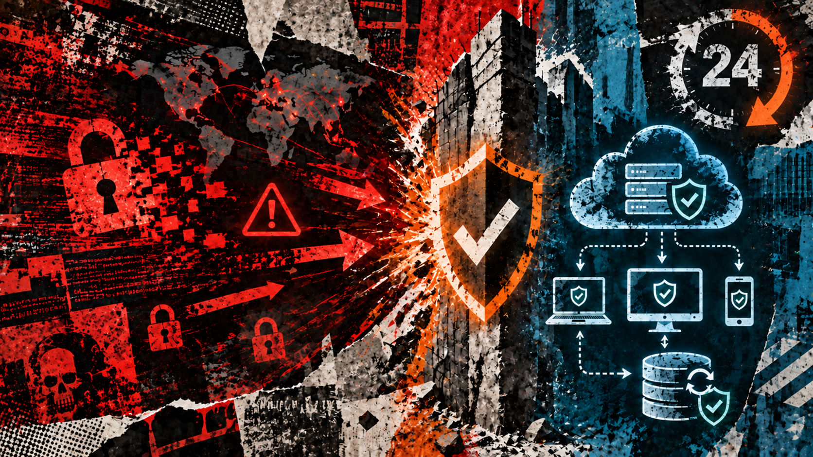 Split graphic of a ransomware attack on the left and a protected network with backups and 24-hour response on the right, divided by a shield